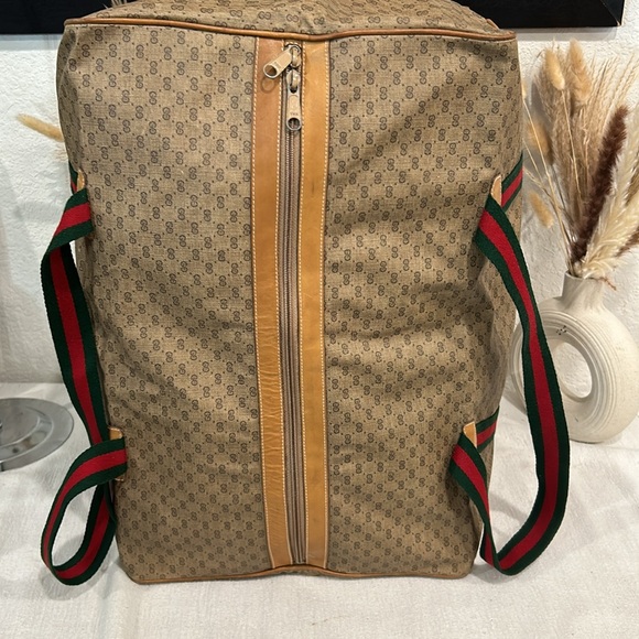 Gucci Duffle Bag GG Logo Canvas Brown Leather Trim Folding Travel Carry On - Picture 10 of 13